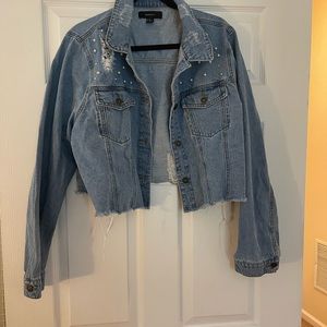 Cropped Beaded Frayed Denim Jacket